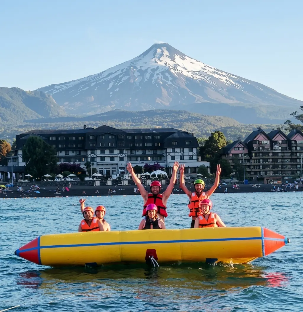 Arrastrables en el lago con el volcán de fondo