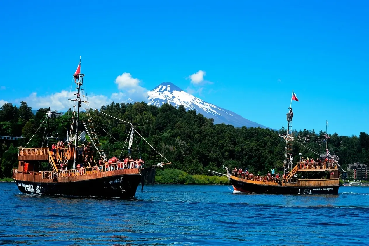 Barco Pirata de noche en el lago Villarrica