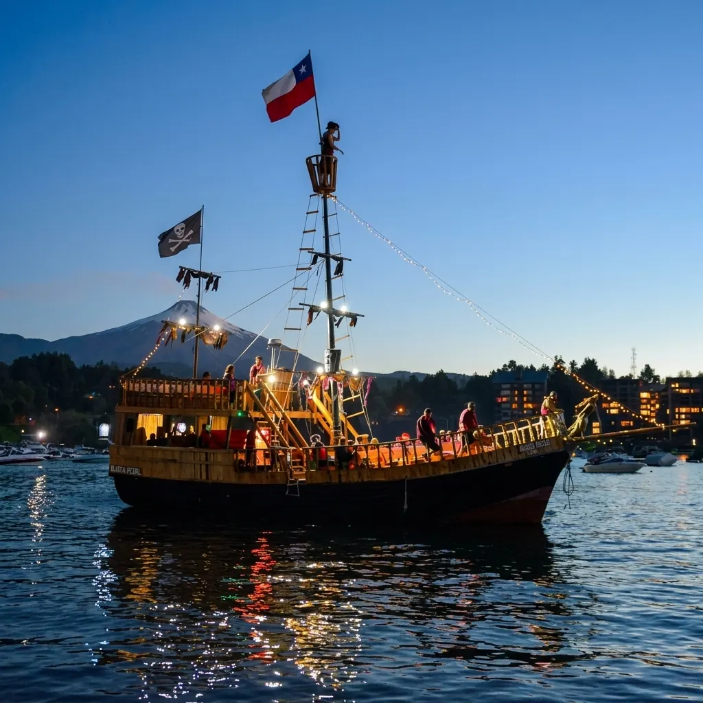 Barco Pirata iluminado de noche en el lago Villarrica, segundo día