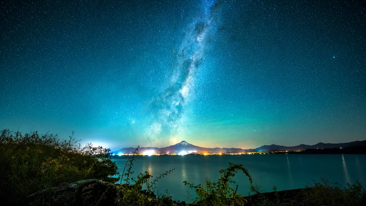Cielo estrellado sobre el volcán Villarrica y el lago de Pucón